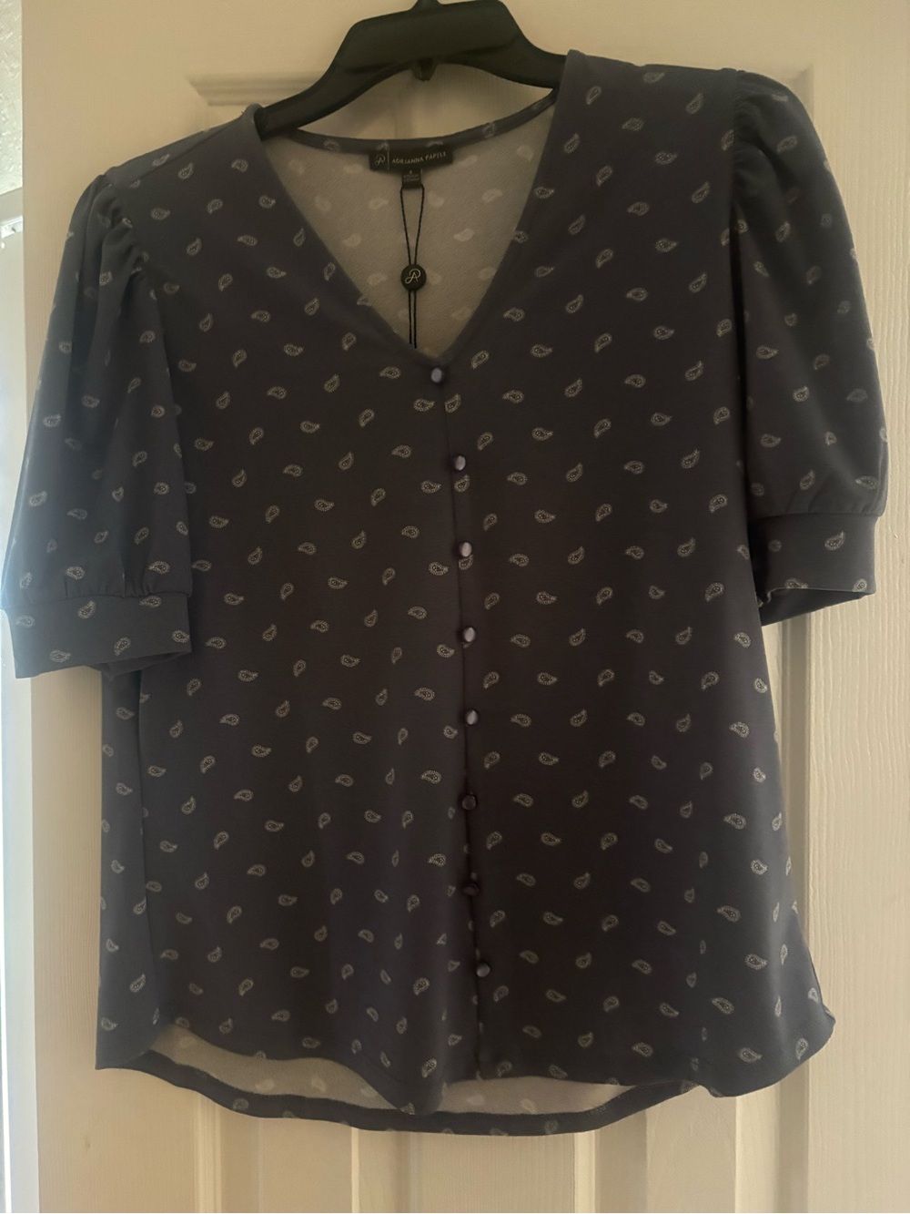 Adrianna Papell Navy V-Neck Button Front Paisley Blouse